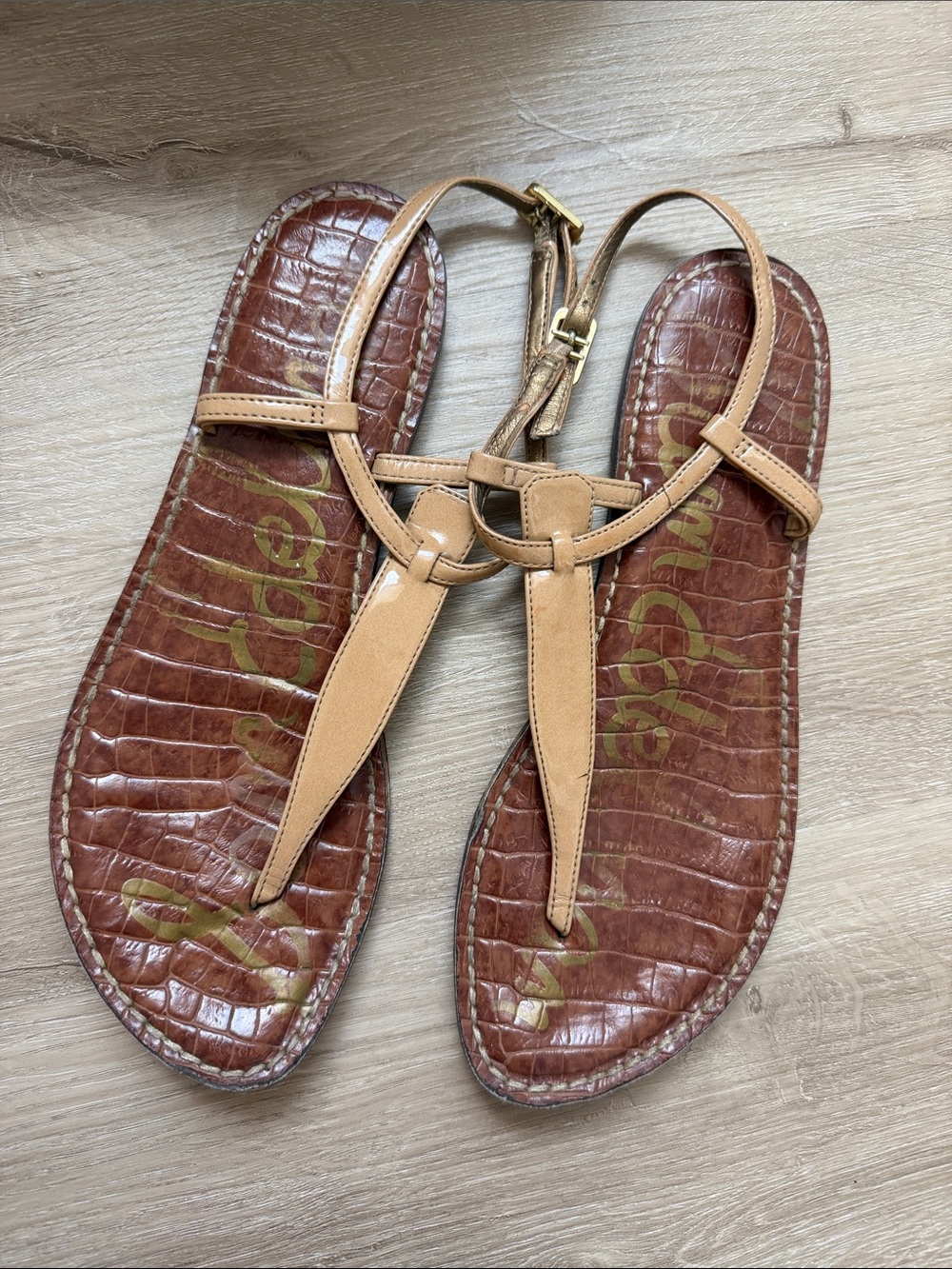 Sam Edelman Tan and Brown Leather T-Strap Sandals